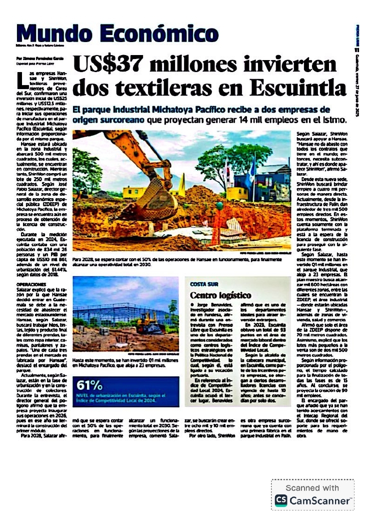 US$37 millones invierten dos textileras en Escuintla